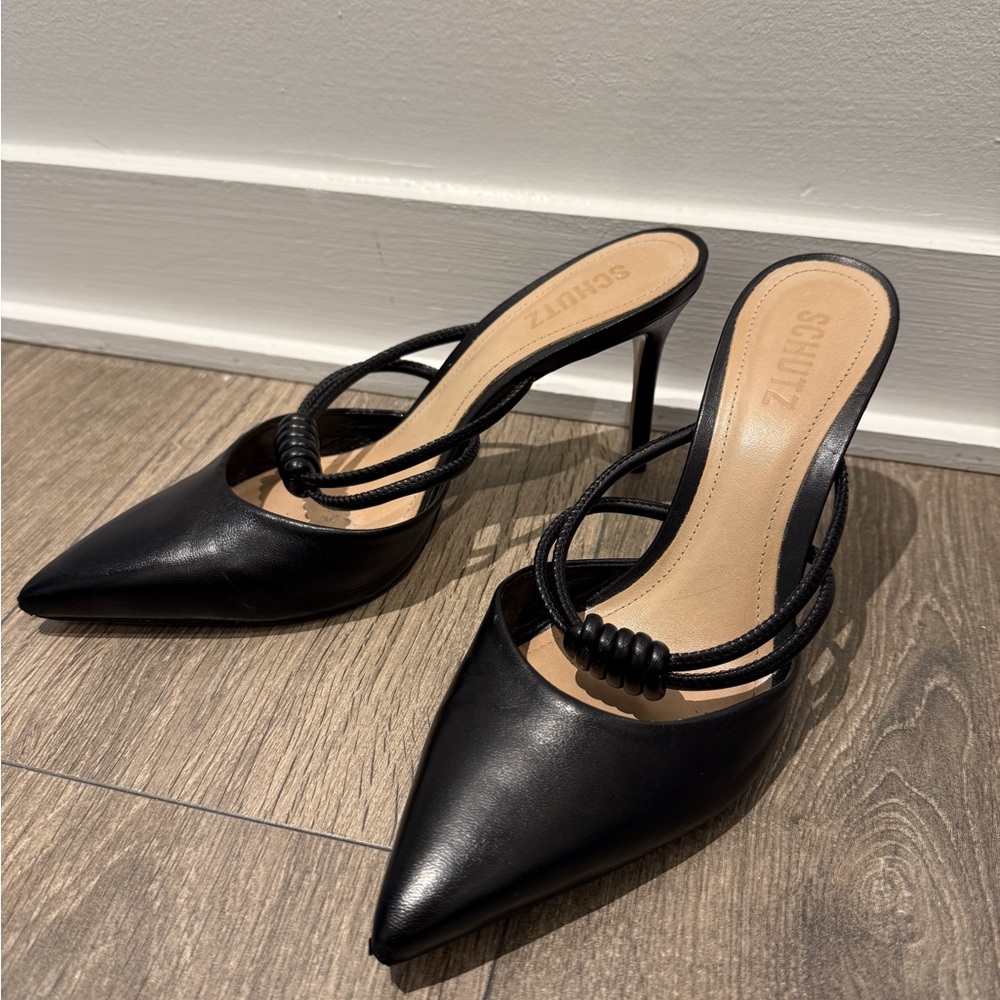 SCHUTZ Black Strappy Heeled Mules